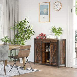 Buffet industriel avec portes coulissantes de style grange, couleur marron rustique.