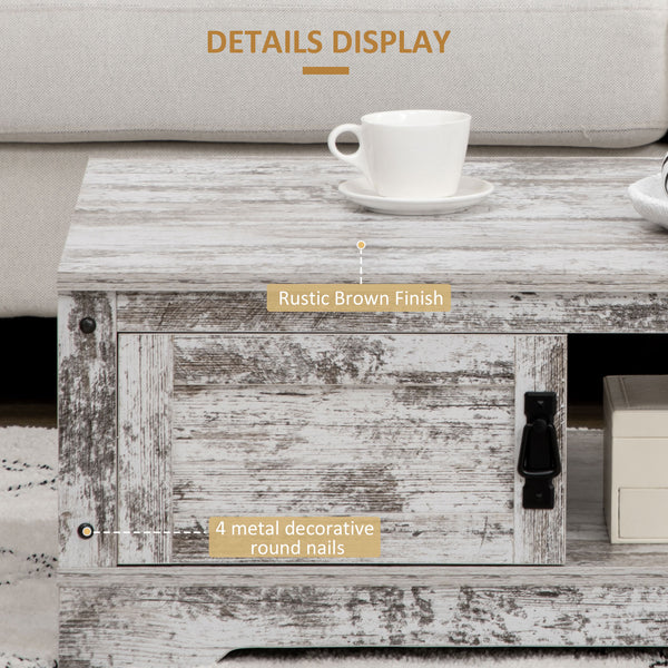 Table basse de style vintage avec armoire, compartiments de rangement ouverts, blanc