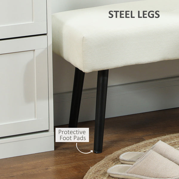 Banc ottoman rembourré en velours côtelé avec pieds en acier, blanc crème