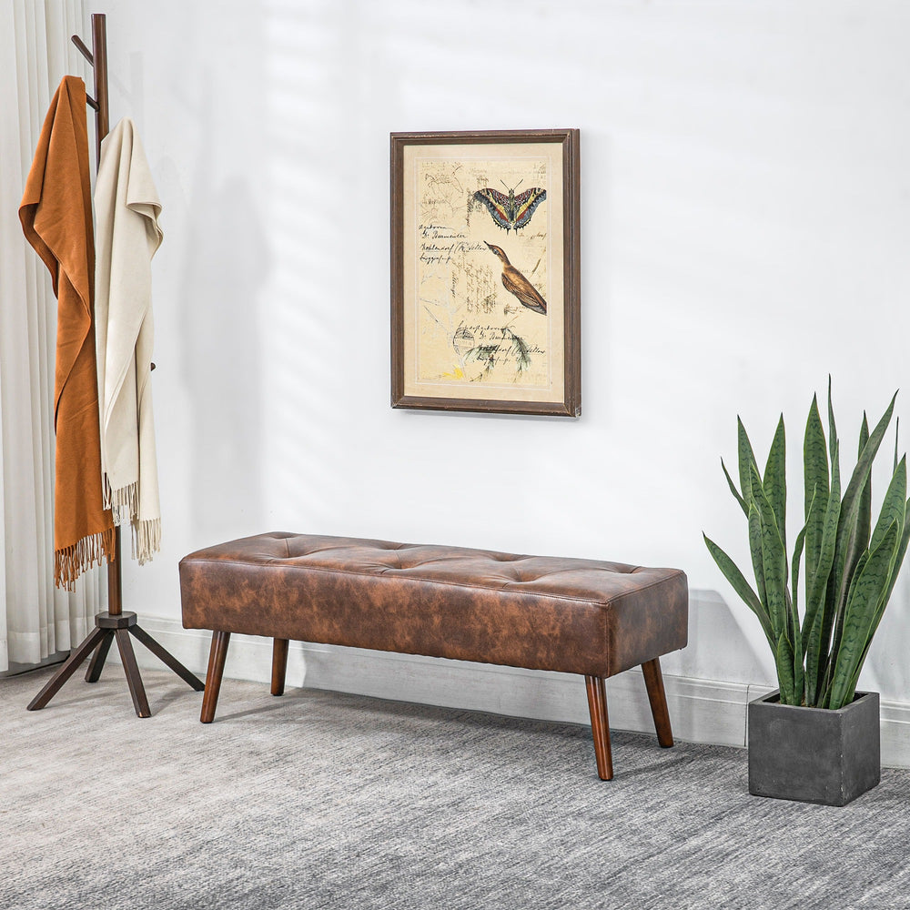 Banc de chambre avec capitonnage à boutons en similicuir avec pieds en bois, marron