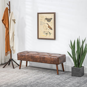 Banc de chambre avec capitonnage à boutons en similicuir avec pieds en bois, marron