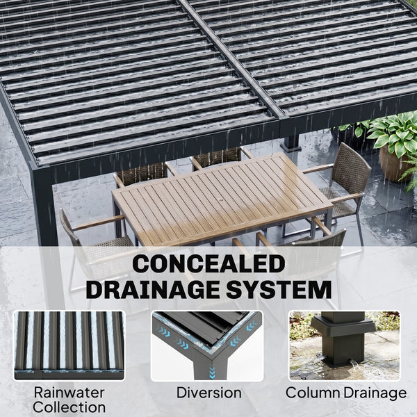 Pergola 10 x 10 à lames orientables avec éclairage solaire LED avec gouttières de drainage, noire