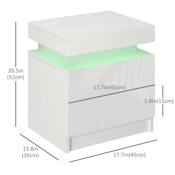 Table de chevet avec éclairage LED et 2 tiroirs pour chambre ou salon, blanche