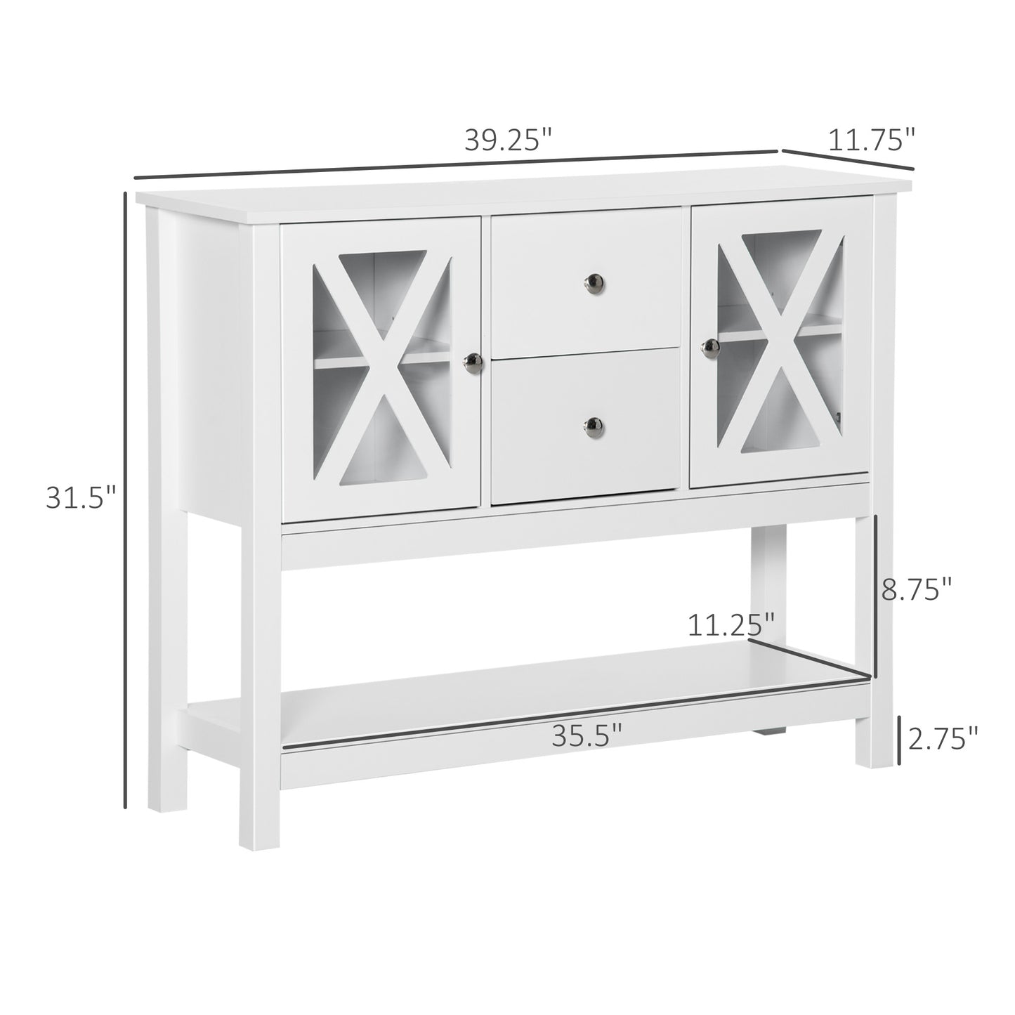 Meuble buffet à portes vitrées avec tiroirs de rangement et étagères réglables, table console pour salon, cuisine, entrée, blanc