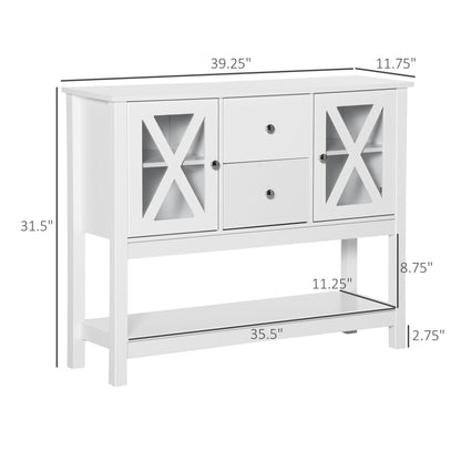 Meuble buffet à portes vitrées avec tiroirs de rangement et étagères réglables, table console pour salon, cuisine, entrée, blanc