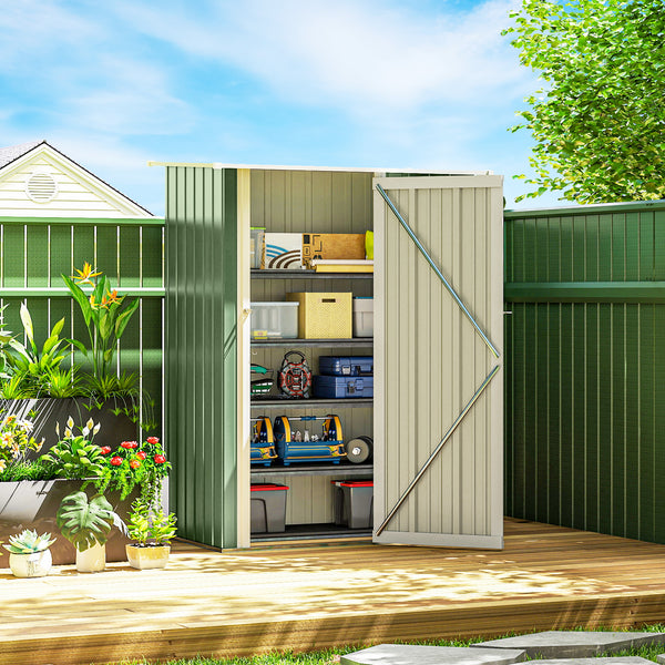 Abri de jardin en métal avec toit incliné et porte verrouillable pour outils, vert clair