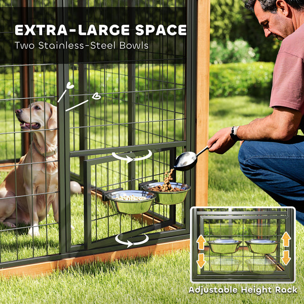 86" L Outdoor Dog House, Wooden Dog Kennel with Storage Cabinet, Stainless Steel Bowls for Large Breeds, Yellow