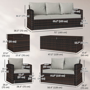 6 Pieces Wicker Patio Furniture Set with Cushions, 7-Seater Rattan Patio Sofa Set with Storage Coffee Table & Side Table, Sectional Outdoor Furniture Set, Cream White