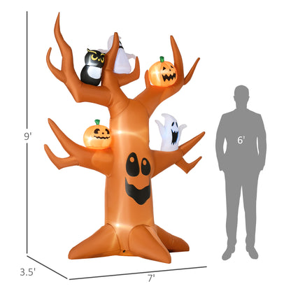 Arbre hanté gonflable d'Halloween de 2,7 m avec citrouilles, fantômes et chat, affichage LED