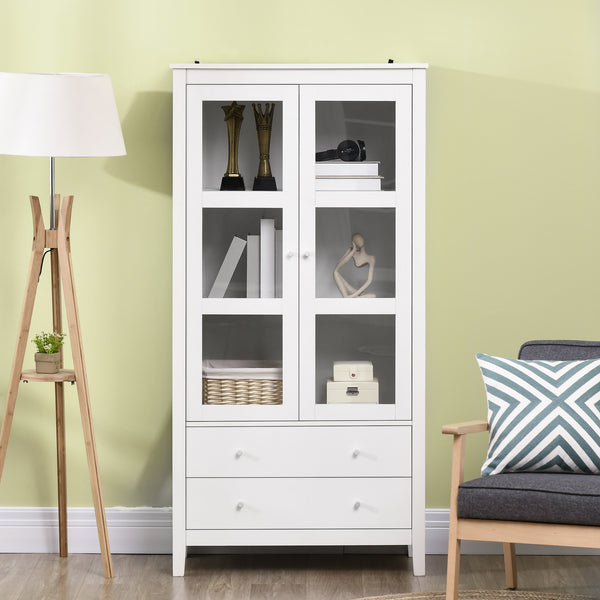 Meuble de rangement avec étagères à 3 niveaux, 2 tiroirs et portes vitrées, blanc