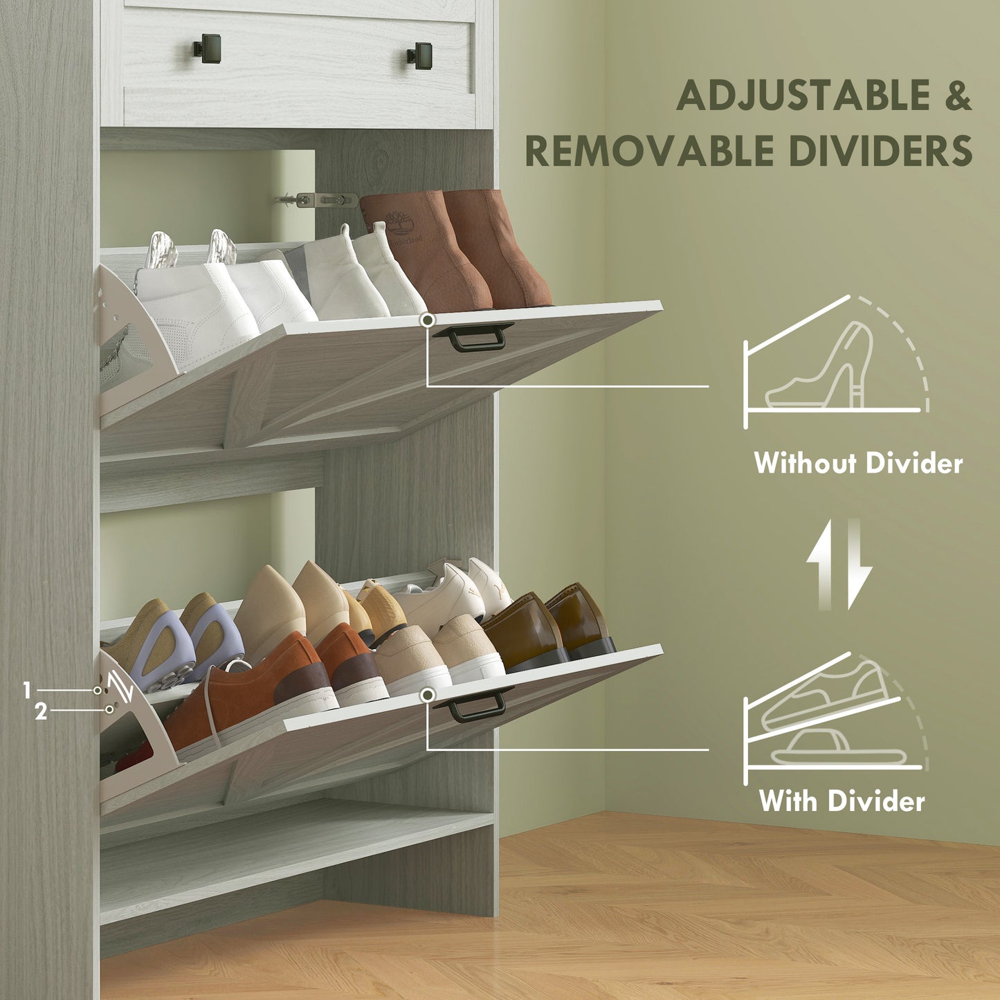 Meuble à chaussures style campagnard, avec 2 tiroirs rabattables, 1 tiroir, blanc