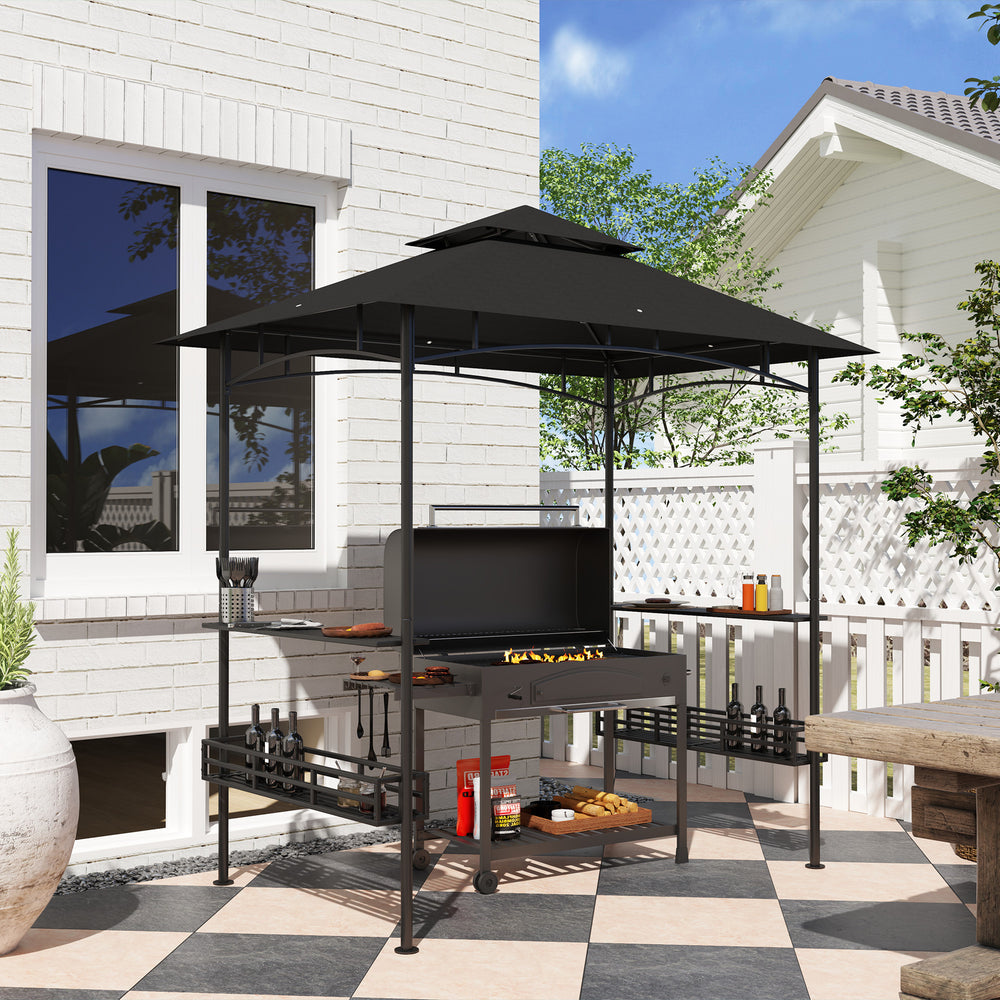 8' x 5' Barbecue Gazebo, 2-Tier BBQ Gazebo with 2 Side Shelves, Storage Basket, Hanging Hooks, Dark Grey