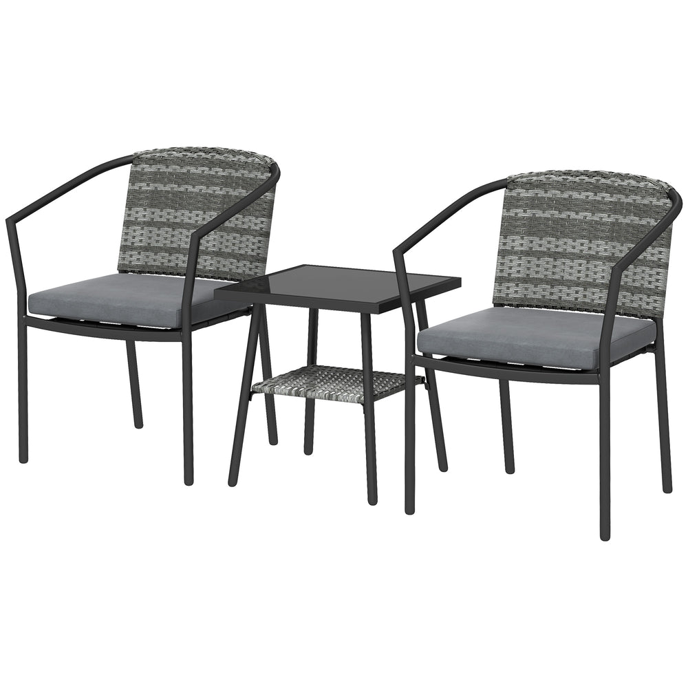 Outdoor Bistro Set, 3 Piece Wicker Patio Furniture Set with Armchairs, 2-Tier Glass Table, Cushions, Dark Grey