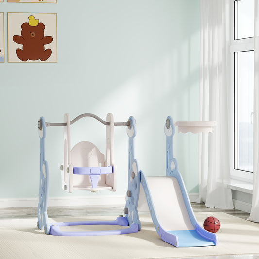 4-in-1 Slide and Swing Set with Basketball Hoop and Climber, for Boys and Girls Ages 1.5-4, Rocket Theme, Light Blue