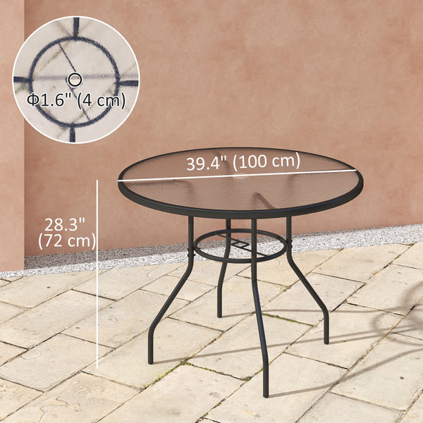 39.4" Round Garden Table with Umbrella Hole, Glass Top and Steel Frame