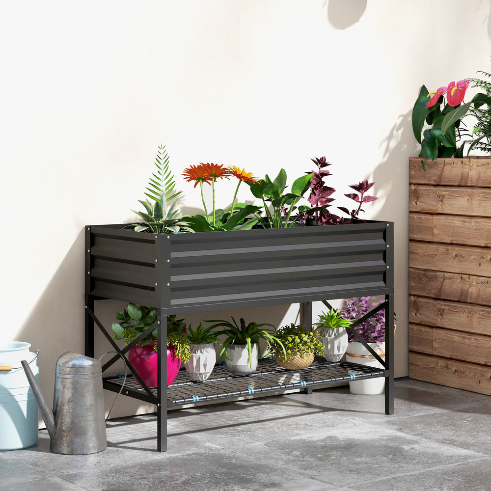 Galvanized raised planter with liner and storage shelf