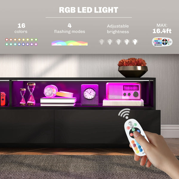 Meuble TV avec éclairage LED pour téléviseurs jusqu'à 75 pouces et tiroirs de rangement pour salon, noir brillant