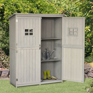 Rangement en bois avec fenêtres et double porte, gris