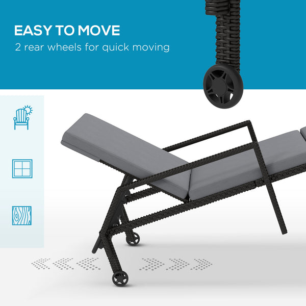 Chaise longue en rotin avec dossier réglable sur 5 niveaux, gris clair