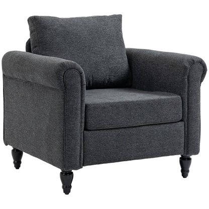 Vintage upholstered armchair with rolled armrests, rubberwood legs, dark gray