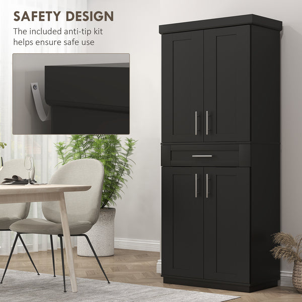 Garde-manger de 72 pouces avec 4 portes, tiroir et 3 étagères réglables, noir