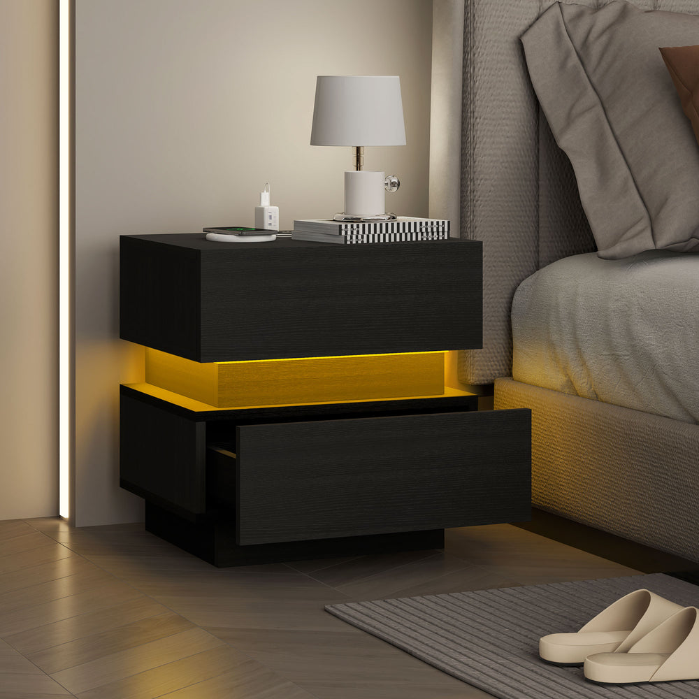 Table de chevet avec station de charge et éclairage LED noire