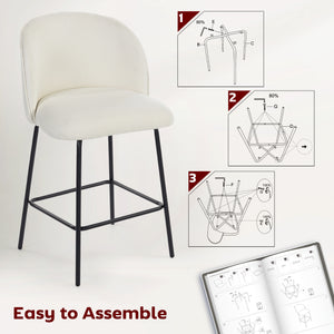 Set of 2 counter-height bar stools upholstered in linen with backrest, footrest and steel legs, cream white