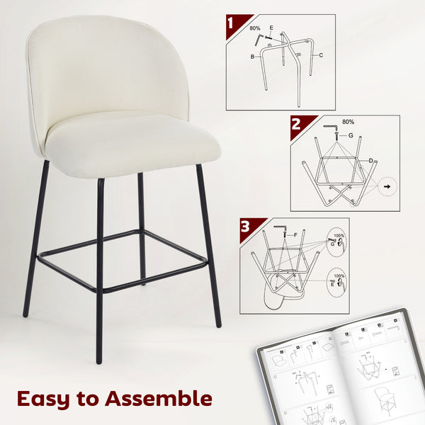 Set of 2 counter-height bar stools upholstered in linen with backrest, footrest and steel legs, cream white
