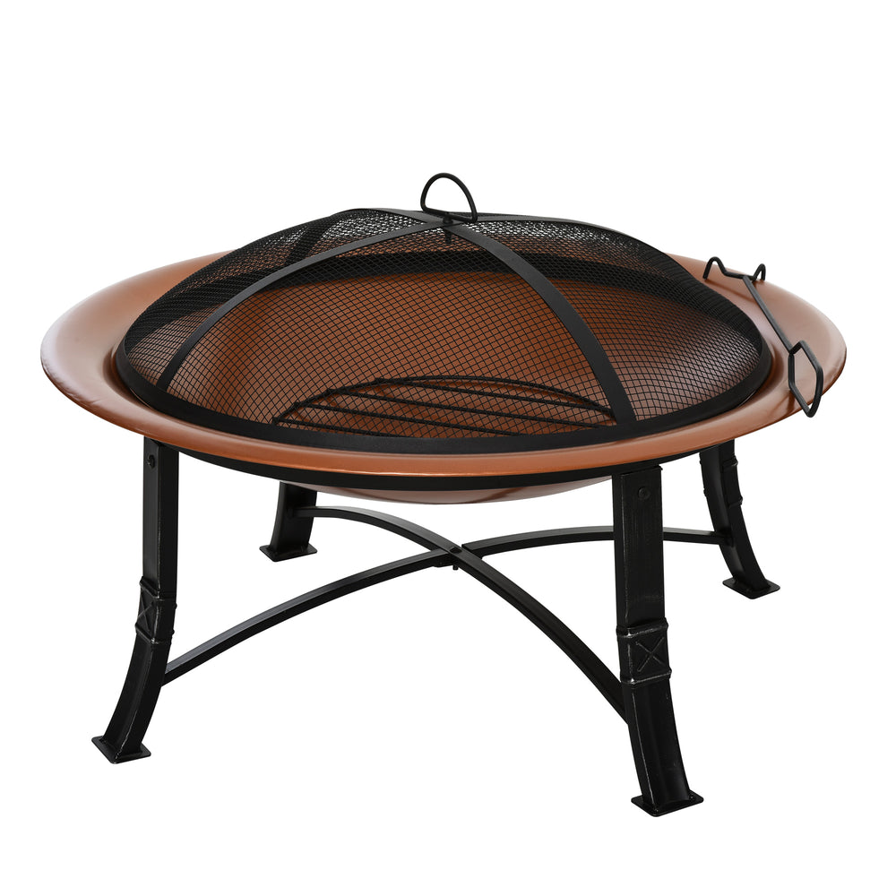 Foyer d'extérieur 30 po, rond avec couvercle, grille à bûches et tisonnier pour jardin, camping, pique-nique, bronze