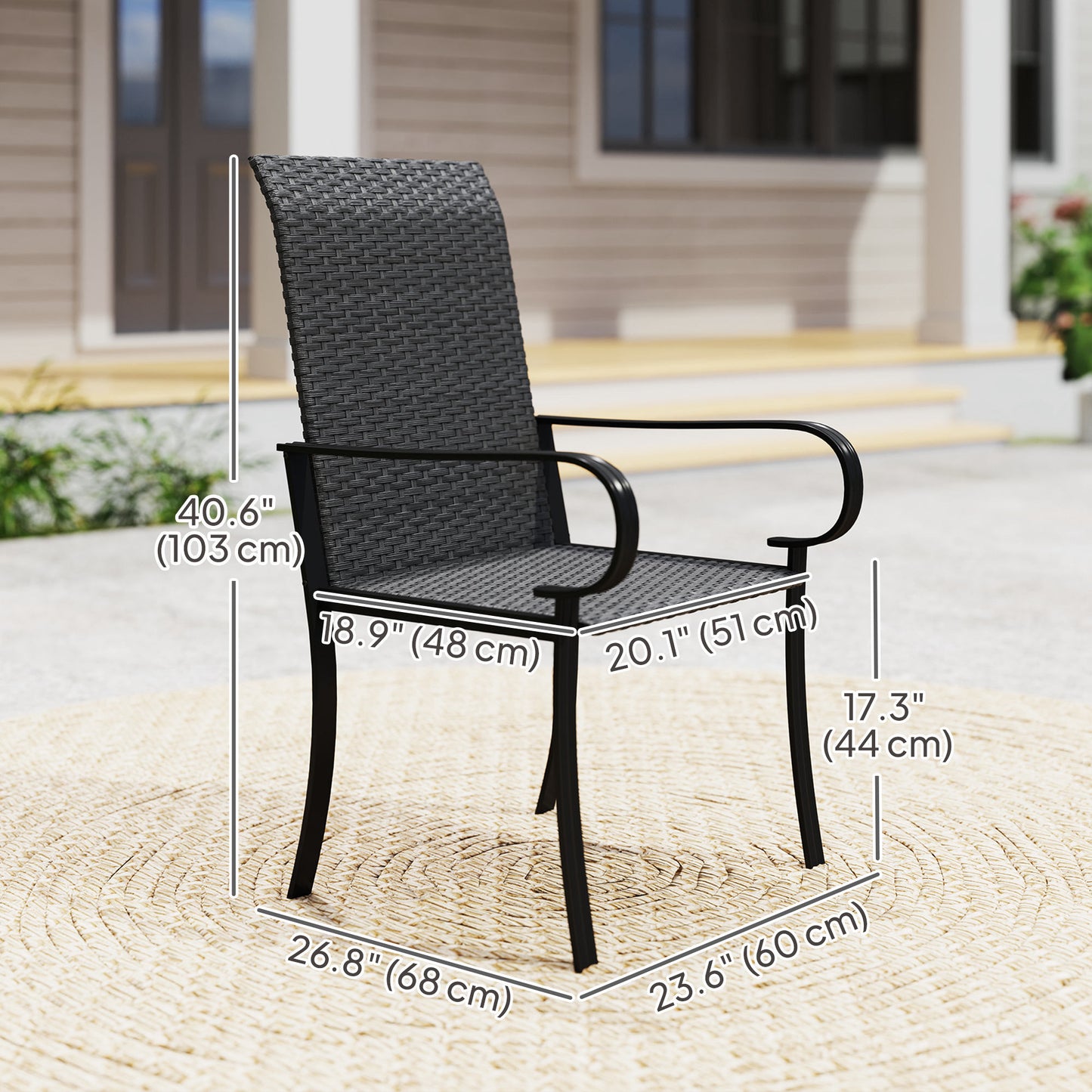 Outsunny Lot de 2 chaises de salle à manger en rotin synthétique avec cadre en acier, pour jardin, arrière-cour, bord de piscine, porche, noir
