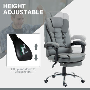 Chaise de bureau à dossier haut en similicuir avec repose-pieds rétractable et accoudoirs rembourrés, gris