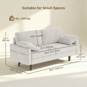 Canapé 3 places, revêtement en velours, coussins à ressorts, pieds en bois d'hévéa et 2 coussins, blanc crème