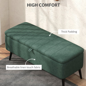 Pouf avec rangement rembourré en lin avec pieds en acier, vert foncé