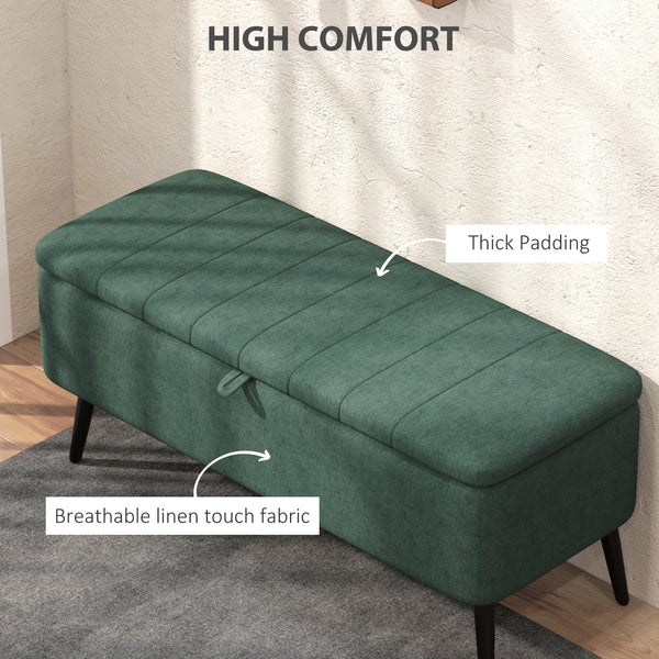 Pouf avec rangement rembourré en lin avec pieds en acier, vert foncé