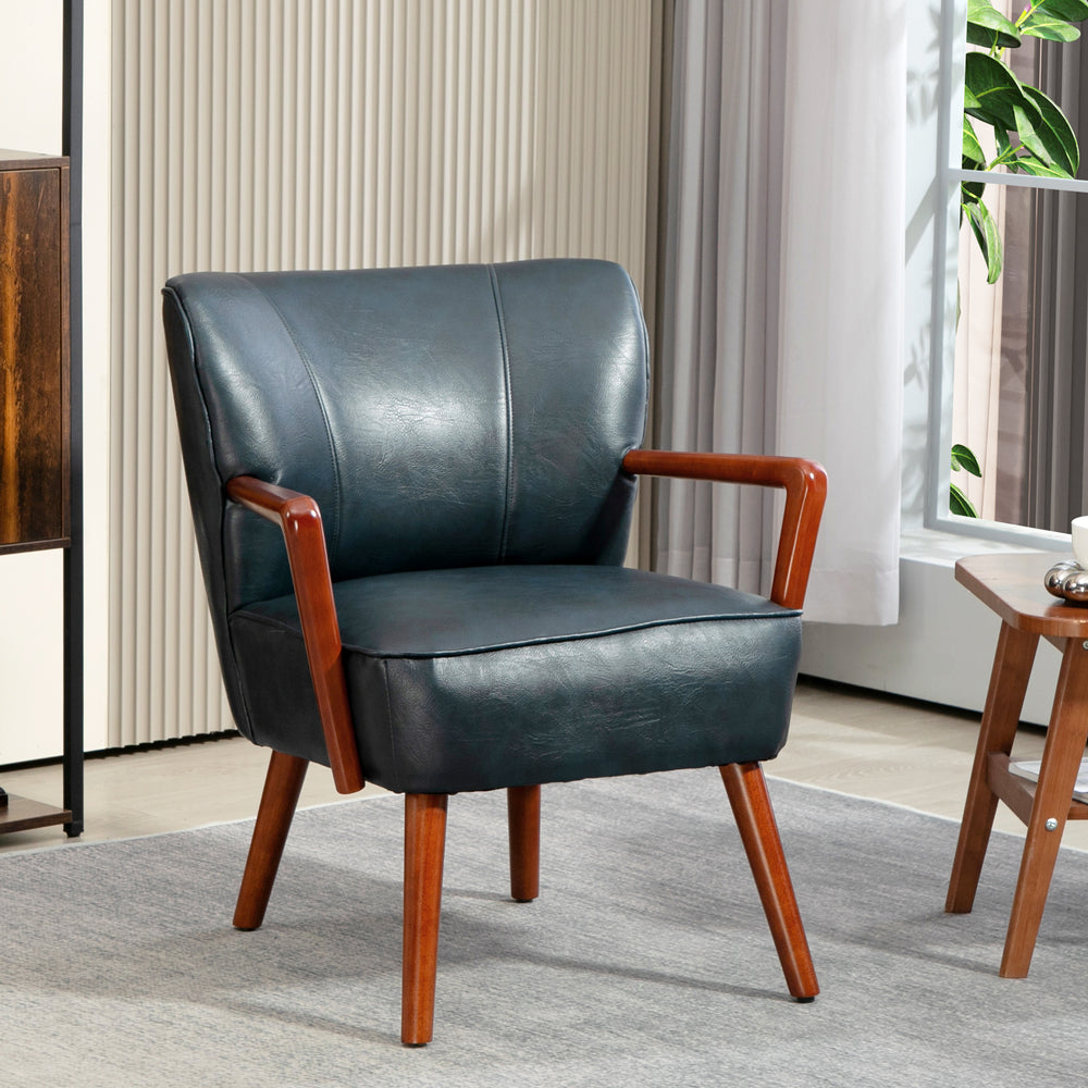 Fauteuil d'appoint rembourré en similicuir avec pieds en bois, bleu