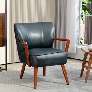 Fauteuil d'appoint rembourré en similicuir avec pieds en bois, bleu