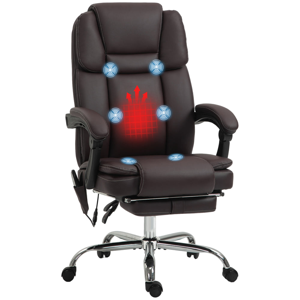 Fauteuil de bureau massant inclinable avec vibration à 6 points, repose-pieds et dossier haut, marron foncé