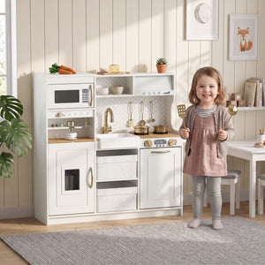 Cuisine de jeu pour enfant avec machine à café, distributeur de glaçons et rangements, blanc