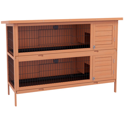 PawHut 54"L 2 étages Grand clapier Cage à lapin Maison en bois pour animaux de compagnie Habitat pour petits animaux avec portes verrouillables, bac anti-fuite et toit étanche pour extérieur/intérieur Orange