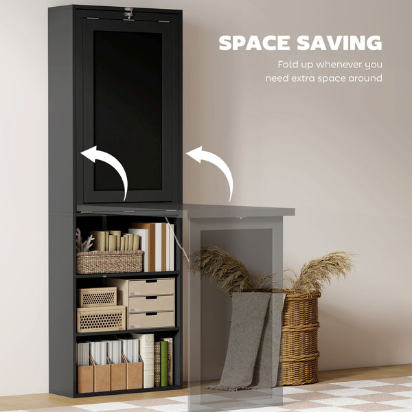 Fold-out Convertible Office Desk, Wall Mount Computer Desk with Blackboard and Side Shelf, Black