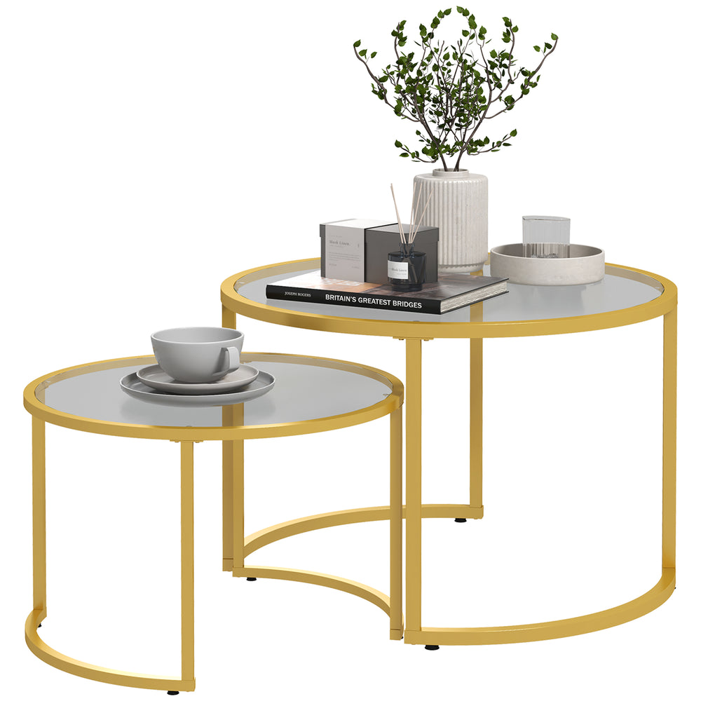 Lot de 2 tables basses rondes modernes avec plateau en verre trempé dorées