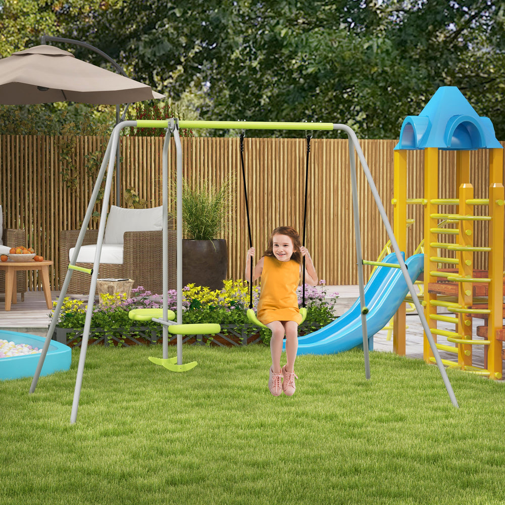 Module métallique robuste avec planeur et balançoire, vert