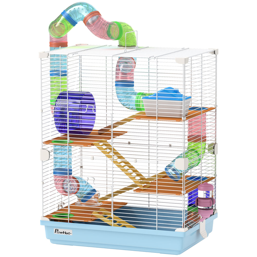Cage pour hamster portable 5 niveaux avec roues d'exercice, tube de jeu, bouteille d'eau, gamelle, échelle pour gerbilles, bleu clair