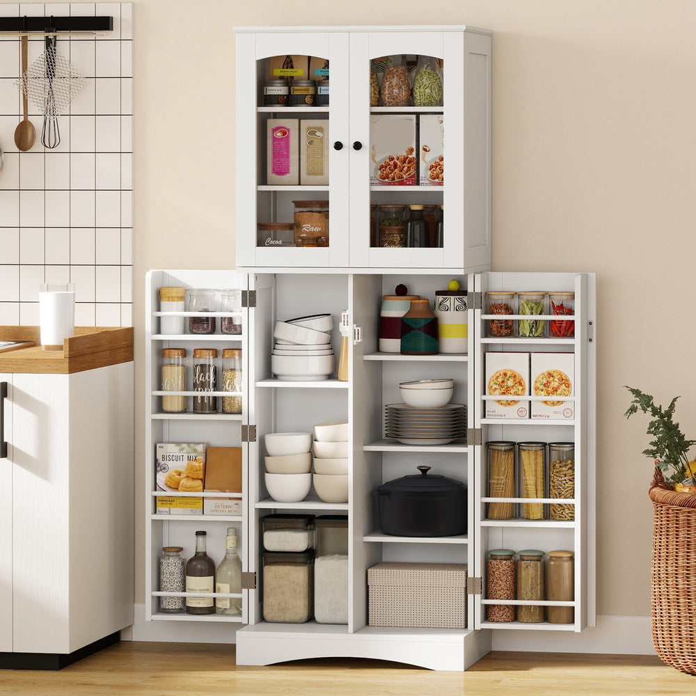 Armoire de cuisine avec portes en acrylique à fermeture amortie, 10 étagères et 8 supports de porte, blanche.