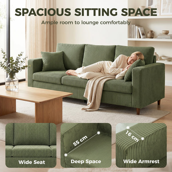 Canapé 3 places avec assise large en velours côtelé avec assise profonde, coussins à ressorts, vert