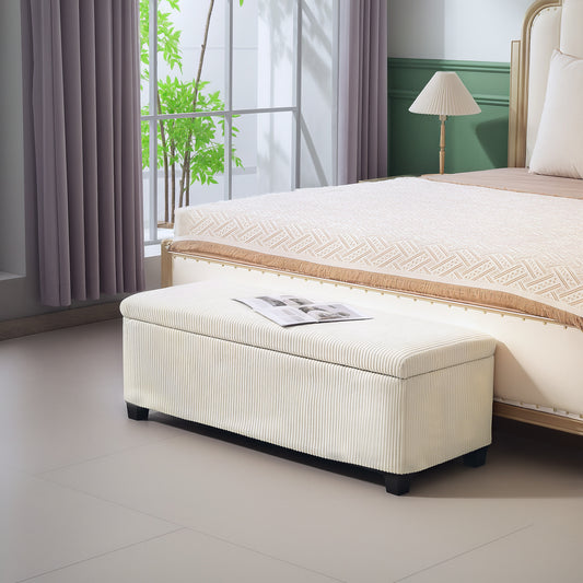 HOMCOM 44 Inch Pouf with Storage, Lid, Legs, Corduroy End of Bed Bench for Living Room, Bedroom, Entryway, Beige