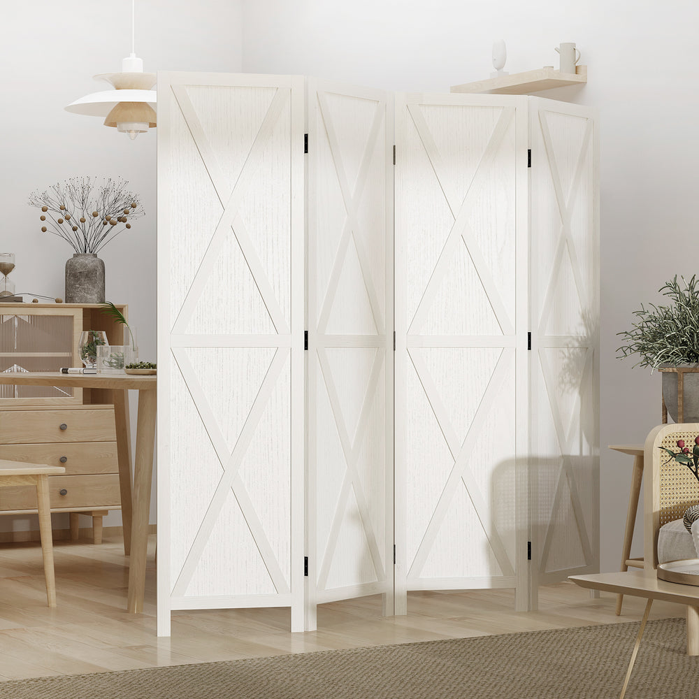 Cloison de séparation à 4 panneaux style campagnard avec cadre en bois, blanc