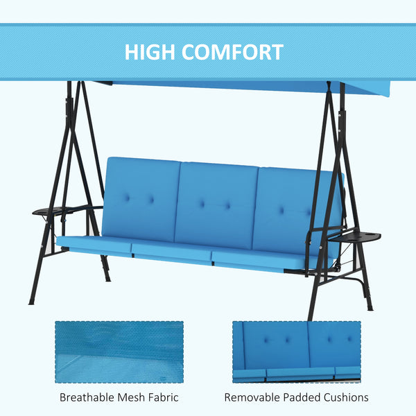 3-Seat Outdoor Porch Swing Patio Swing with Adjustable Canopy, Side Tray, Removable Cushion for Garden, Poolside, Blue