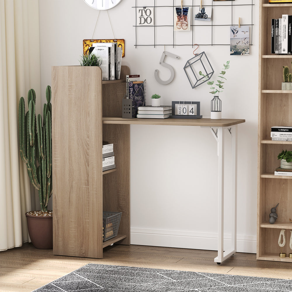 2-in-1 Folding Table with 4-Tier Shelf for Small Spaces, Oak