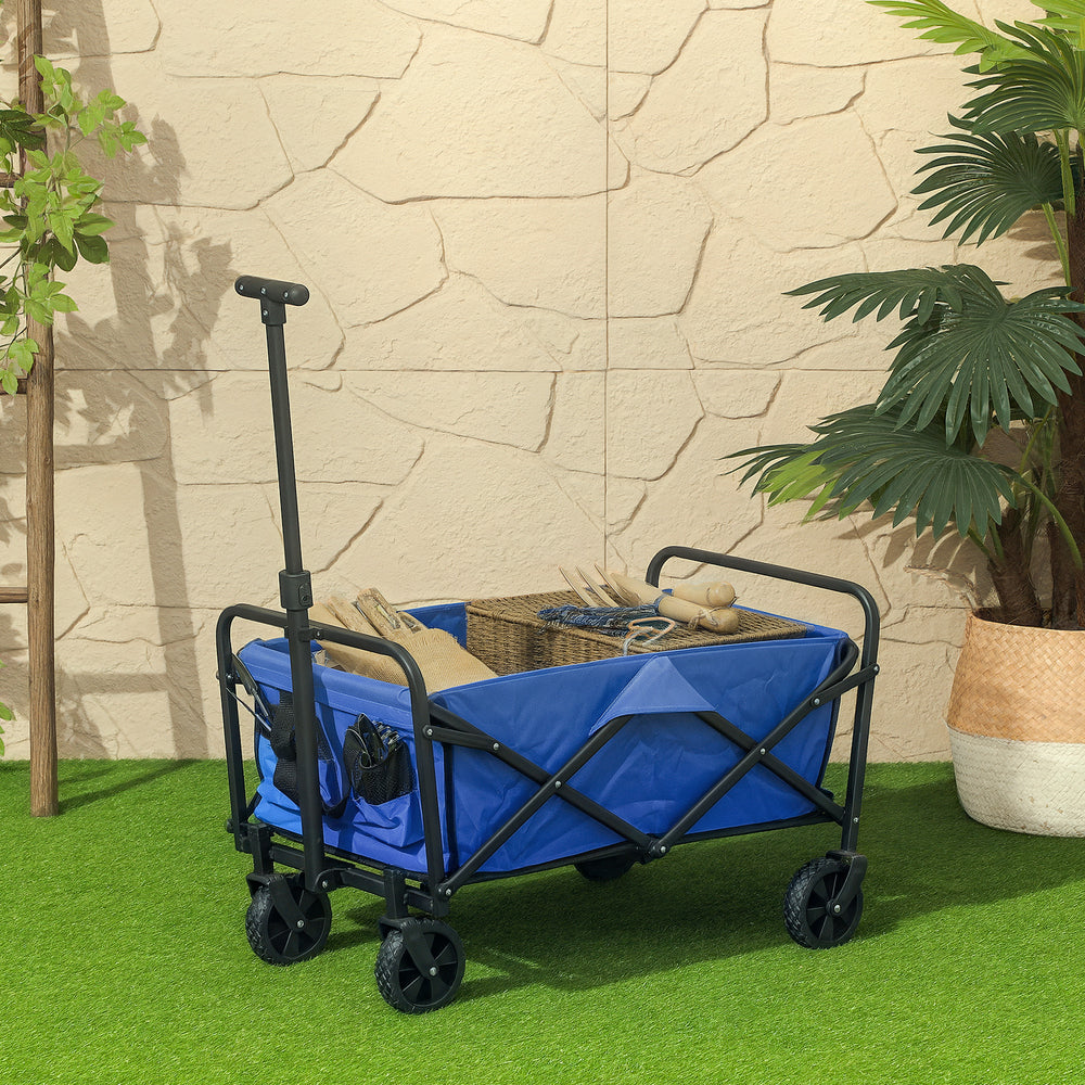 Collapsible Folding Garden Cart, Heavy Duty Lawn Wagon with Universal Wheels and Adjustable Handle, Blue